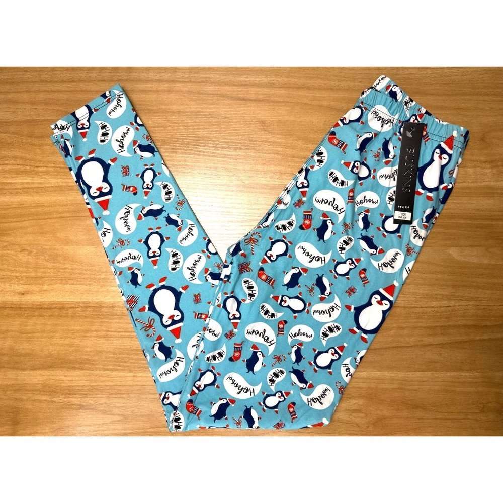 Penguin Soft Leggings Blue Christmas Holiday Stockings Small Back to School!